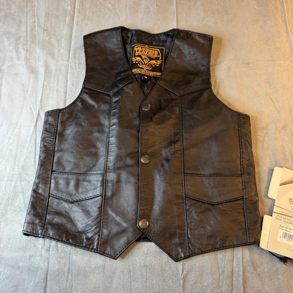 Milwaukee Leather Biker Vest Kids M Black Snap Front Pockets Motorcycle Riding
